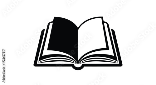 Simple black and white icon of an open book with turned pages representing education knowledge reading and literature concepts.