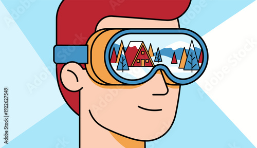 Person wearing ski goggles reflecting a serene winter mountain landscape.