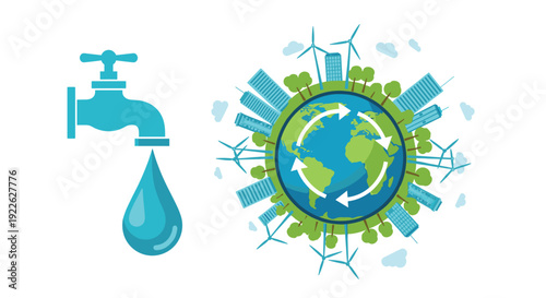 Ecological concept featuring a water tap with a falling drop and the earth globe surrounded by trees and wind turbines.
