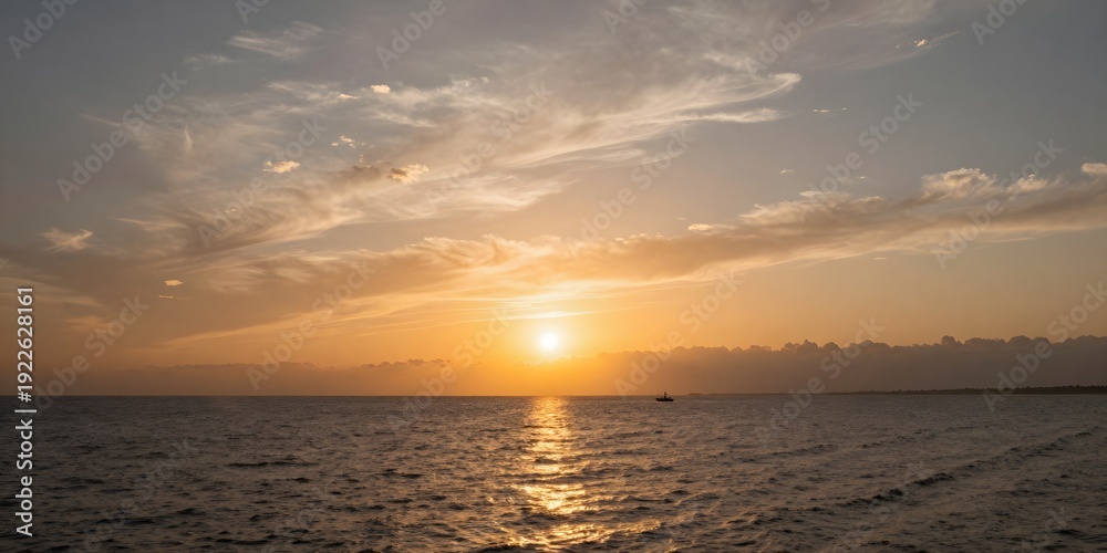 Fototapeta premium Golden sunlight pierces through clouds over rippling sea at sunset with distant ship