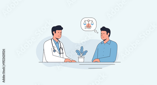 Doctor and patient discussing legal or ethical medical issues, illustration