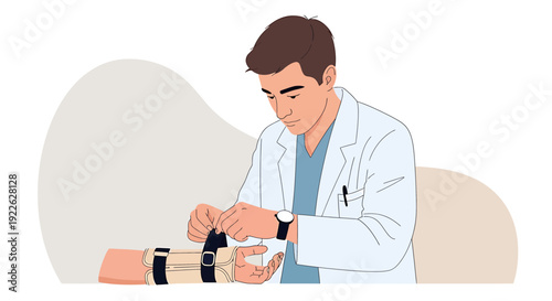 Doctor applying medical brace to patient's wrist for support and recovery