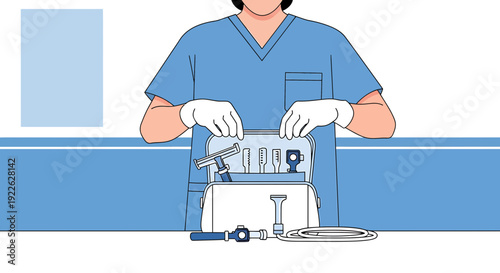 Medical Professional Preparing Surgical Tools From Kit Bag, Healthcare Concept