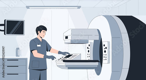 Medical Technician Operating Radiation Therapy Machine in Clinic