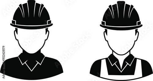 Two faceless construction workers wearing hard hats and different work attire