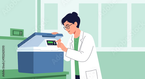 Scientist in Lab Coat Operating Centrifuge Machine in Laboratory