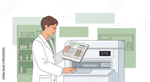 Scientist in Lab Coat Reading Document Near Refrigerator