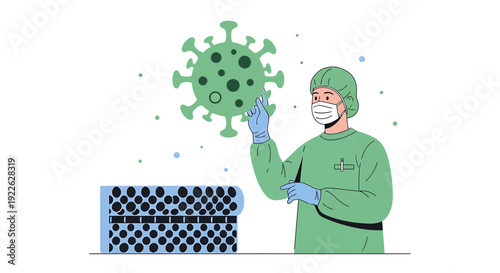 Scientist in PPE studying coronavirus particle and petri dish