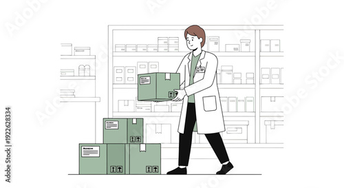 Scientist or pharmacist carrying boxes in a warehouse or laboratory storage