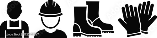 Construction worker safety icons including hard hat boots gloves and protective gear