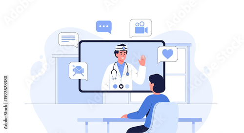 Telemedicine Consultation: Patient talking to doctor on video call, healthcare technology