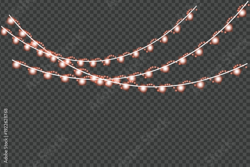 Decorative hanging outdoor string lights,  glowing yellow light bulbs with sparkles. Eid, wedding, Birthday or party event decor. Winter holiday season element. with warm glowing bulbs.