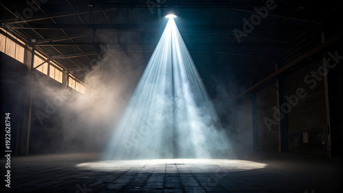 Strong central overhead beam splitting into multiple softer secondary rays, illuminated mist with visible volumetric depth, dramatic spotlight glow falloff.