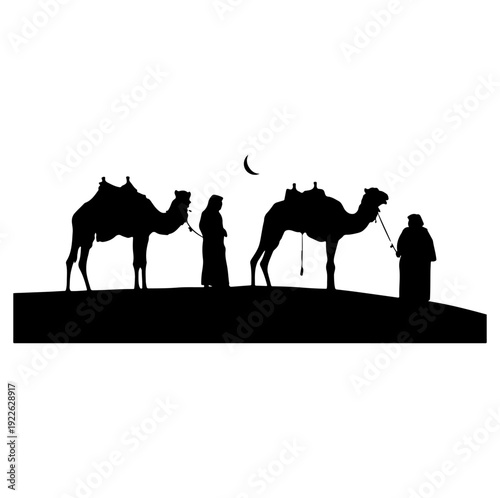 Desert Camel Caravan Silhouette - Bedouin Travelers under Crescent Moon Illustration
