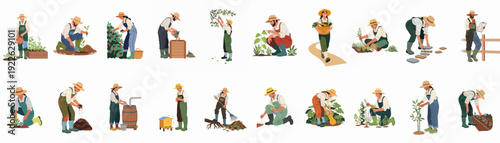 A comprehensive set of illustrations showcasing diverse gardening and farming activities, from planting and harvesting to composting and beekeeping, highlighting sustainable agriculture.