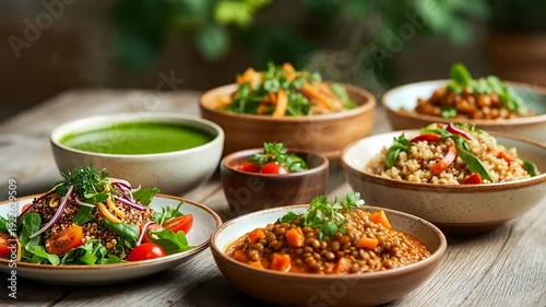 Rustic Wooden Table Displaying an Array of Delicious and Vibrant Vegetarian Dishes