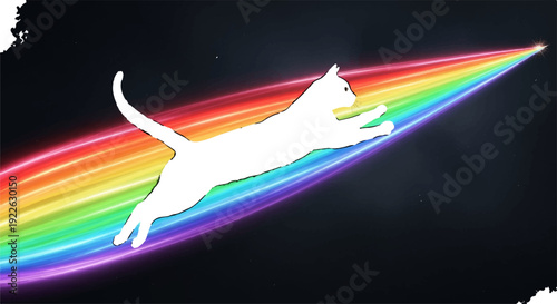 White cat leaping through vibrant rainbow trail on dark background with colorful gradient