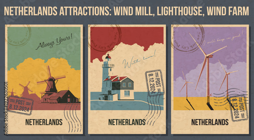 Netherlands Wind Mill, Lighthouse, Wind Farm Attraction Postcard, Holland Wind Power Popular Place Illustration, Vector Template Retro Style Greeting Card. Vintage Colors, Aged Paper Texture