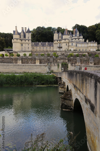 View of the Château d'Ussé rising above the river with a stone bridge in the foreground. Elegant French architectural landmark featuring historic towers, fortified walls, and landscape