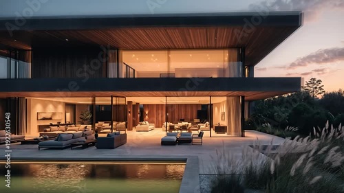Modern luxurious house with a swimming pool during sunset or twilight hours