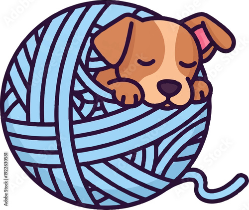 Cute dog sleeping on a ball of blue yarn adorable cartoon puppy resting on a skein of yarn