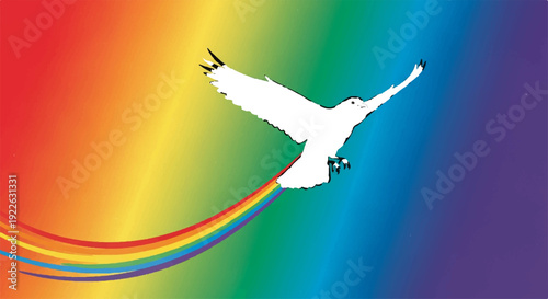 White bird flying with outstretched wings on a vibrant rainbow background with colorful arcs