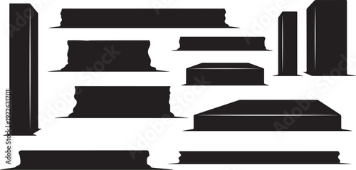 Various black silhouettes of steps and pillars on white