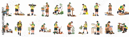 Diverse Park Rangers and Outdoor Workers Engaged in Nature Conservation, Maintenance, and Environmental Stewardship Activities