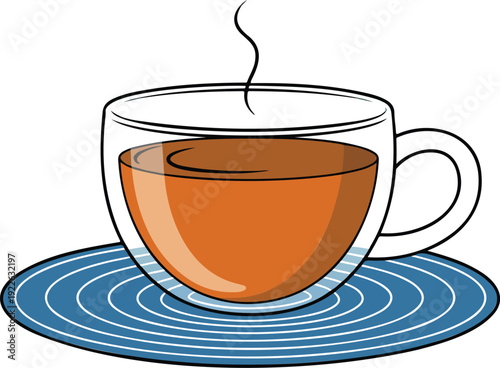 A simple cartoon illustration of a clear glass teacup with double walls containing orange-colored tea, placed on a circular blue saucer.