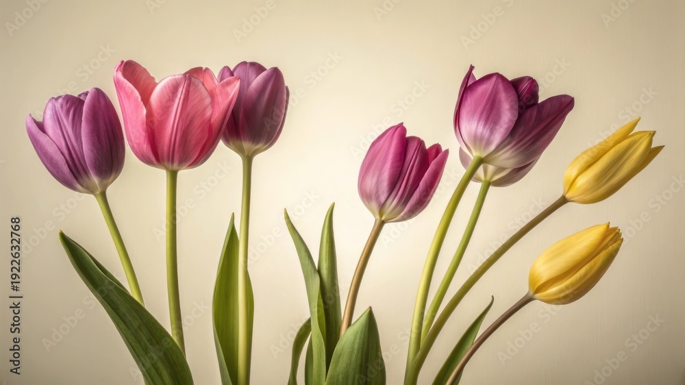 Fototapeta premium Colorful Tulip Bouquet on Soft Background for Flower Arrangement and Spring Decor