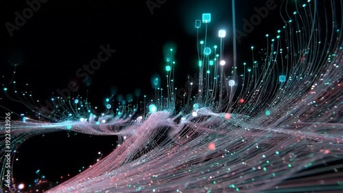 Futuristic digital network data flow visualization with glowing particles and connections