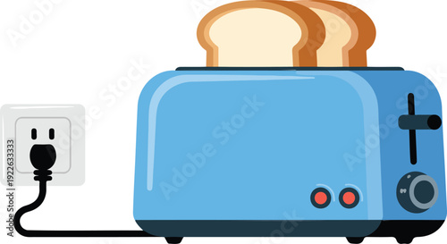A simple illustration of a blue toaster with two slices of light brown bread in the slots.