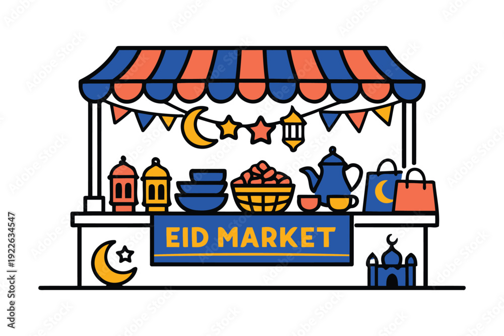 Fototapeta premium eid market stall with islamic symbols and goods