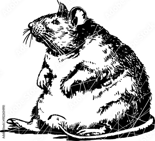 Illustration of a fat mouse sitting down, looking greedy. Vintage drawing technique.