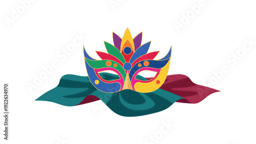 Colorful carnival mask with flowing fabric on white background  