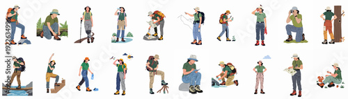 Women in various outdoor adventure activities, including hiking, nature exploration, and camping, with essential gear and equipment.