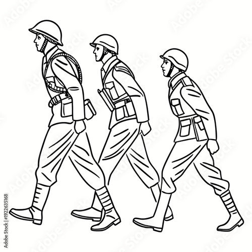 Line drawing illustration of three soldiers in uniform marching forward, suggesting discipline and unity.