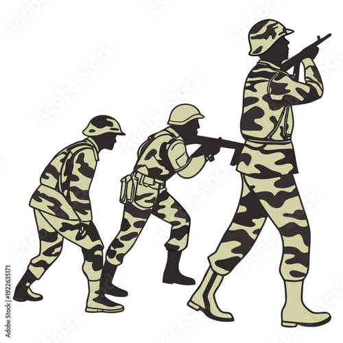 Evolution of soldiers: from crouched pose to marching with rifle, representing military progression and combat readiness.