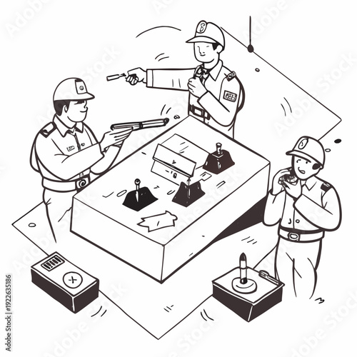 Three policemen playing a tabletop war game, strategizing and planning their moves with miniature figures.
