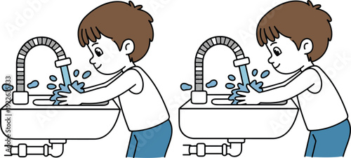 A simple cartoon illustration of a young boy washing his hands at a white porcelain sink