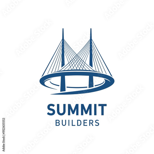 Modern suspension bridge graphic with text Summit Builders, architectural construction company logo on isolated white background