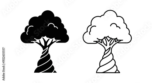 Two trees with twisted trunks and fluffy leaves, minimalist black and white illustration Vector