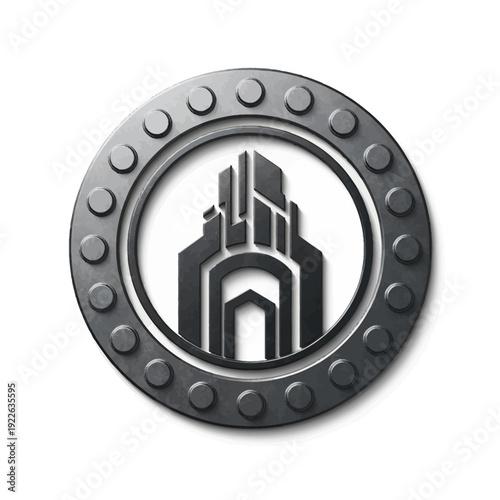 Modern cityscape building within metallic riveted circle frame logo design, strong urban construction concept on isolated white background