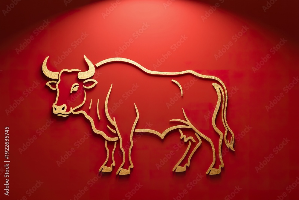 Obraz premium Refined golden ox silhouette drawn with single flowing line, light embossed gold foil texture, minimal detail, premium red backdrop, elegant soft spotlight, high-end festive branding aesthetic