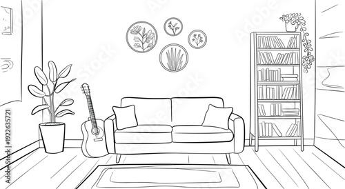 Hand drawn living room interior sketch with sofa bookshelf guitar and indoor plants for coloring book pages or home decor design