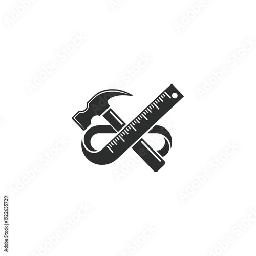 Crossed Hammer and Measuring Tape Tools for Construction on an Isolated White Background