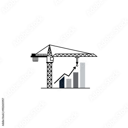 Industrial construction crane building a rising bar graph, symbolizing business growth, development, and progress in the construction industry on an isolated white background.