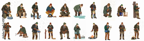 Bushcraft and Survival Skills Collection: Man Engaging in Outdoor Wilderness Activities like Wood Carving, Campfire Cooking, Foraging, and Navigation.