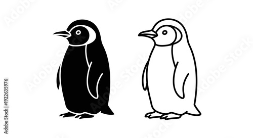 Two black and white penguins standing on ice, one adult and one baby, vector illustration Vector