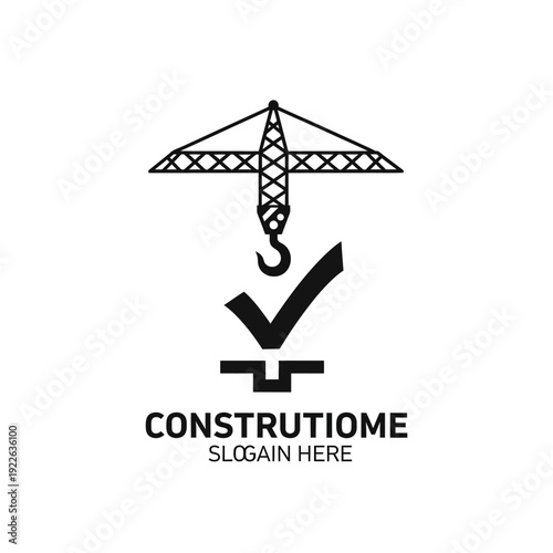 Construction crane hook with checkmark logo, representing completion and quality, isolated white background.